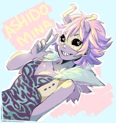Rule 34 | &gt;:), 10s, 1girl, ashido mina, azuumori, black sclera, bodysuit, boku no hero academia, breasts, character name, cleavage, colored sclera, colored skin, cropped jacket, domino mask, dutch angle, fur trim, grin, horns, looking at viewer, mask, pink eyes, pink hair, purple skin, short hair, smile, solo, upper body, v, v-shaped eyebrows