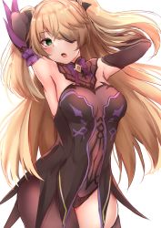 Rule 34 | 1girl, armpits, arms behind head, arms up, bare shoulders, blush, bodystocking, breasts, eyepatch, fischl (genshin impact), genshin impact, green eyes, hair over one eye, highres, john zhang, leotard, long hair, looking at viewer, medium breasts, two side up