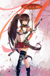 Rule 34 | 10s, 1girl, absurdres, black thighhighs, breasts, brown hair, cherry blossoms, clothes writing, detached sleeves, artistic error, gradient background, highres, holding, holding sword, holding umbrella, holding weapon, holster, kantai collection, katana, mag (huangmag), md5 mismatch, parasol, petals, ponytail, revision, scabbard, sheath, sheathed, single thighhigh, skirt, smile, solo, sword, thighhighs, umbrella, walking, weapon, yamato (kancolle)