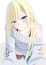 Rule 34 | 1girl, absurdres, aizawa ema, all fours, black bra, black thighhighs, blonde hair, blue eyes, blue hair, bra, collarbone, dress, gradient hair, head tilt, highres, light blue hair, long hair, looking at viewer, multicolored hair, omillion000, parted lips, simple background, single bare shoulder, solo, sweater, sweater dress, thighhighs, underwear, very long hair, virtual youtuber, vspo!, white background, white sweater, zettai ryouiki