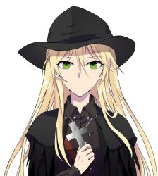 Rule 34 | 1girl, black hat, black jacket, blonde hair, brown shirt, closed mouth, cross, girls&#039; frontline, green eyes, hat, highres, holding, holding cross, jacket, long hair, looking at viewer, priest, shirt, solo, stg44 (girls&#039; frontline), suprii, white background