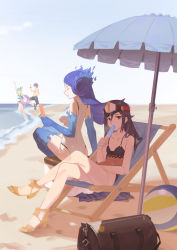Rule 34 | 1boy, 3girls, bare shoulders, beach, black hair, black one-piece swimsuit, breasts, brighid (water lily) (xenoblade), brighid (xenoblade), brown eyes, closed eyes, collarbone, fingerless gloves, fire, gloves, hat, highres, kucheat zg, long hair, looking at viewer, military, morag ladair (obligatory leave) (xenoblade), morag ladair (xenoblade), multiple girls, one-piece swimsuit, pandoria (beach date) (xenoblade), pandoria (xenoblade), purple hair, short hair, simple background, small breasts, smile, swimsuit, white gloves, xenoblade chronicles (series), xenoblade chronicles 2, zeke von genbu (xenoblade)