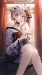 Rule 34 | absurdres, backlighting, bare shoulders, black bow, black choker, blurry, blurry background, blush, bow, braid, breasts, chest sarashi, choker, cleavage, closed mouth, collarbone, day, dress, feet out of frame, flower, fu u03, hair bow, hair bun, hair flower, hair ornament, heart, highres, hololive, japanese clothes, kimono, looking at viewer, medium hair, off-shoulder dress, off shoulder, print kimono, red eyes, red flower, sakamata chloe, sakamata chloe (new year), sarashi, single braid, sitting, sitting on stairs, stairs, sunlight, torii, tree, virtual youtuber, white hair, white kimono