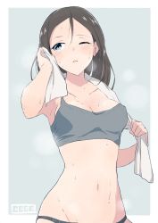 Rule 34 | 10s, 1girl, artist name, black hair, black panties, blue eyes, blush, bra, breasts, cbgb, cleavage, girls und panzer, green background, grey bra, groin, highres, holding, holding towel, long hair, looking to the side, medium breasts, navel, nonna (girls und panzer), one eye closed, outside border, panties, parted lips, signature, solo, sports bra, standing, sweat, swept bangs, towel, towel around neck, underwear, underwear only, upper body, wet, white towel, wiping face