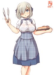 Rule 34 | 1girl, alternate costume, apron, artist logo, blue apron, blue bow, blue bowtie, blue eyes, bow, bowtie, breasts, commentary request, dated, dress shirt, employee uniform, feet out of frame, gingham, gingham apron, hair ornament, hair over one eye, hairclip, hamakaze (kancolle), highres, kanon (kurogane knights), kantai collection, kobeya, kobeya uniform, large breasts, looking at viewer, shirt, short hair, short sleeves, silver hair, simple background, solo, tongs, uniform, waitress, white background, white shirt