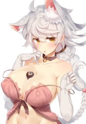 Rule 34 | 1girl, animal ears, babydoll, bad id, bad pixiv id, bare shoulders, bell, neck bell, between breasts, braid, breasts, cat ears, cleavage, collar, elbow gloves, gloves, jingle bell, kantai collection, kemonomimi mode, large breasts, long hair, looking at viewer, navel, pokoten (pokoten718), silver hair, simple background, single braid, solo, unryuu (kancolle), upper body, very long hair, white background, white gloves, yellow eyes
