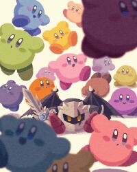 Rule 34 | :o, armor, bat wings, black wings, blue eyes, blue gemstone, blurry, blurry foreground, blush, blush stickers, boots, closed mouth, commentary request, crack, cracked mask, dark meta knight, depth of field, full body, gem, highres, holding, holding sword, holding weapon, kirby, kirby (series), kirby and the amazing mirror, mask, miclot, multiple persona, nintendo, no humans, open mouth, parted lips, purple eyes, red footwear, shoulder armor, simple background, sitting, smile, solid oval eyes, spiked wings, spikes, sword, too many, weapon, wings, yellow background, yellow eyes