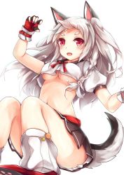 Rule 34 | 1girl, :d, animal ears, arm up, azur lane, black gloves, black skirt, blush, braid, breasts, buckle, claws, crop top, crop top overhang, fang, fingerless gloves, forehead, foreshortening, fox ears, fox tail, gloves, kashiwagi yamine, knees together feet apart, knees up, long hair, looking at viewer, loose socks, medium breasts, miniskirt, multicolored nails, nail polish, navel, no bra, open mouth, pleated skirt, puffy short sleeves, puffy sleeves, red eyes, short sleeves, side braid, silver hair, simple background, sitting, skirt, smile, socks, solo, tail, tareme, thick eyebrows, thighs, underboob, white background, white socks, yuudachi (azur lane)
