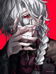 1boy artist_name blurry braid braided_ponytail depth_of_field ear_piercing earrings eyebrows_hidden_by_hair fangs hand_on_own_cheek hand_on_own_face highres isumisumi jewelry kuzuha_(nijisanji) long_bangs looking_at_viewer looking_down male_focus mole mole_under_eye multiple_rings nijisanji parted_lips piercing pointy_ears portrait red_background red_eyes ring round_eyewear solo teeth turtleneck twitter_username vampire virtual_youtuber