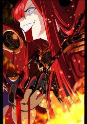 Rule 34 | 1girl, black bodysuit, blood, blood from mouth, blood on arm, bodysuit, cape, chain, collared cape, crazy smile, family crest, fate/grand order, fate (series), fire, hair over one eye, highres, medallion, oda nobunaga (fate), oda nobunaga (maou avenger) (fate), oda uri, pirohi (pirohi214), popped collar, red cape, red eyes, red hair, red theme, smile, solo, tight top