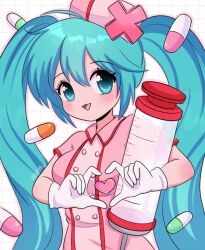 Rule 34 | 1girl, 2000s (style), absurdres, blue eyes, blue hair, blush, breasts, chellyko, dress, gloves, grid, grid background, hat, hatsune miku, heart, heart hands, highres, long hair, looking at viewer, medium breasts, nurse, nurse cap, open mouth, pill, pink background, pink dress, pink hat, short sleeves, smile, standing, syringe, twintails, vocaloid, white gloves