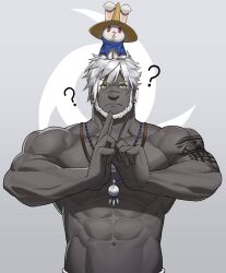 Rule 34 | 1boy, ?, abs, arm tattoo, warrior of light (ff14), bad id, bad weibo id, bara, bead necklace, beads, beard, colored skin, creature on head, facial hair, final fantasy, final fantasy xiv, grey skin, hands up, highres, jewelry, large pectorals, male focus, mature male, meditation, muscular, muscular male, navel, necklace, pectorals, rabbit, roegadyn, scar, scar on face, scar on nose, short hair, solo, stomach, tattoo, tekkowang, topless male, upper body, yellow eyes