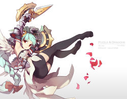 Rule 34 | 1girl, arm up, armor, armpits, ass, black thighhighs, bow, braid, breasts, cape, character name, gauntlets, gradient background, green hair, highres, light valkyrie (p&amp;d), long hair, looking at viewer, no shoes, petals, puzzle &amp; dragons, red eyes, skirt, small breasts, solo, tennohi, thighhighs, valkyrie (p&amp;d), weapon, zettai ryouiki