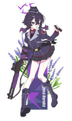 1girl belt black_belt black_hat black_skirt blue_archive boots character_name collared_shirt commentary fabarm_fp6 flower full_body garrison_cap gun hair_between_eyes hair_ornament hairclip halo haruka_(blue_archive) hat holding holding_detonator holding_gun holding_weapon jacket juliet_sleeves knee_boots kuroninsensei lavender_(flower) long_sleeves pleated_skirt puffy_sleeves pump_action purple_eyes purple_footwear purple_hair purple_halo purple_jacket red_shirt shirt shotgun simple_background skirt solo symbol-only_commentary weapon white_background