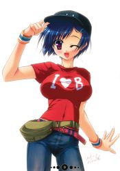 Rule 34 | 1girl, absurdres, adjusting clothes, adjusting headwear, bag, belt, blue hair, blush, breasts, covered navel, dated, denim, hat, highres, impossible clothes, jeans, katagiri hinata, large breasts, one eye closed, pants, purple eyes, shirt, short hair, signature, simple background, smile, solo, taut clothes, taut shirt, white background, wink, wristband
