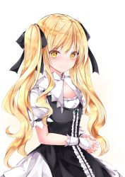 Rule 34 | 1girl, alternate hairstyle, bad id, bad pixiv id, black dress, black ribbon, blonde hair, blush, capelet, center frills, closed mouth, collarbone, commentary request, cowboy shot, dress, flat chest, frills, hair ribbon, highres, kirisame marisa, long hair, looking at viewer, nanase nao, no headwear, no headwear, own hands clasped, own hands together, puffy short sleeves, puffy sleeves, ribbon, short sleeves, sidelocks, simple background, smile, solo, touhou, twintails, very long hair, wavy hair, white background, white capelet, wrist guards, yellow eyes
