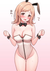 Rule 34 | 1girl, animal ears, blonde hair, blush, bow, bowtie, breasts, brown eyes, cleavage, clenched hands, collarbone, cowboy shot, deadnooodles, detached collar, fake animal ears, gradient background, groin, hands up, highres, idolmaster, idolmaster shiny colors, large breasts, leotard, medium hair, open mouth, pink background, playboy bunny, rabbit ears, sakuragi mano, shy, solo, spoken sweatdrop, sweat, sweatdrop, thigh gap, white background, wrist cuffs, zipper, zipper leotard
