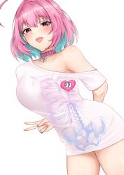Rule 34 | 1girl, ahoge, arm behind back, blue hair, blush, breasts, collar, crimecrime, earrings, fang, hair between eyes, heart-shaped lock, highres, idolmaster, idolmaster cinderella girls, jewelry, large breasts, looking at viewer, multicolored hair, off-shoulder shirt, off shoulder, open mouth, pill earrings, pink collar, pink eyes, pink hair, shirt, short hair, short sleeves, simple background, skeleton print, smile, solo, t-shirt, thighs, two-tone hair, v, white background, white shirt, yumemi riamu