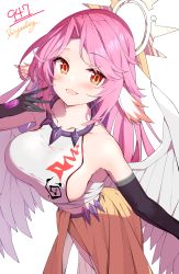 Rule 34 | 1girl, absurdres, angel, angel wings, artist name, blush, breasts, commission, spiked halo, crop top, darjeeling (reley), elbow gloves, feathered wings, gloves, gradient eyes, halo, highres, jibril (no game no life), large breasts, long hair, looking at viewer, low wings, magic circle, multicolored eyes, no game no life, open mouth, orange eyes, pink hair, sideboob, smile, solo, very long hair, white wings, wing ears, wings, yellow eyes