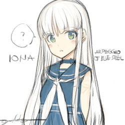 Rule 34 | 10s, 1girl, ?, aoki hagane no arpeggio, blush, character name, copyright name, green eyes, iona (aoki hagane no arpeggio), long hair, looking at viewer, ooyari ashito, signature, simple background, sketch, solo, spoken question mark, upper body, white background, white hair