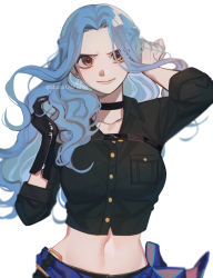 Rule 34 | 1girl, bbzico1267, blue hair, breasts, choker, cropped jacket, gloves, hand in own hair, highres, large breasts, leather, leather gloves, long hair, midriff, navel, nefertari vivi, one piece, simple background, single glove, smile, solo, twitter username