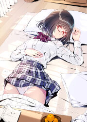 Rule 34 | 1girl, black hair, blue skirt, book, bow, bowtie, closed eyes, collared shirt, commentary request, dated, day, eyelashes, food, fruit, glasses, hand on own stomach, highres, indoors, kobayashi chisato, kotatsu, long sleeves, lying, mandarin orange, on back, original, panties, pantyshot, parted lips, pillow, plaid, plaid skirt, pleated skirt, red-framed eyewear, red bow, red bowtie, rug, school uniform, semi-rimless eyewear, shirt, shirt tucked in, short hair, signature, skirt, sleeping, solo, striped bow, striped bowtie, striped clothes, sunlight, table, under-rim eyewear, under kotatsu, under table, underwear, white panties, white shirt, window shadow, wooden floor