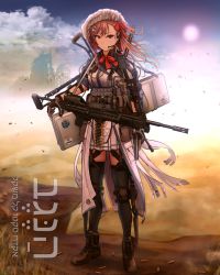 Rule 34 | 1girl, ammunition, ammunition belt, arm strap, armor, bad id, bad pixiv id, belt, belt-fed, black footwear, black shirt, black thighhighs, boots, bow, braid, breasts, buckle, building, bullet, bullet casing, closed mouth, cloud, collared shirt, cross-laced footwear, dust, exoskeleton, floating hair, full body, general-purpose machine gun, girls&#039; frontline, gloves, gun, hair between eyes, hair bow, hair ornament, hair ribbon, hairclip, handgun, hat, headset, hexagram, highres, holding, holding gun, holding weapon, imi negev, iwi negev, jacket, knee pads, knife, knife sheath, knife sheath, lace-up boots, light machine gun, light particles, long hair, looking at viewer, machine gun, magazine (weapon), medium breasts, military, military uniform, negev (girls&#039; frontline), outdoors, pink hair, pistol, red bow, red eyes, ribbon, sand, sheath, shell casing, shirt, side braid, skindentation, skirt, sky, sleeves rolled up, solo, standing, star of david, strap, sun, tactical clothes, thigh strap, thighhighs, turisasu, uniform, weapon, weapon case, wind, wind lift