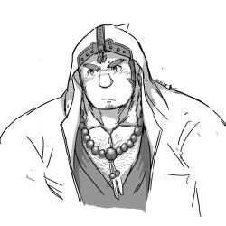 Rule 34 | 1boy, bara, bead necklace, beads, big nose, blush, body hair, chest hair, cropped torso, cross scar, facial hair, greyscale, highres, hood, hood up, houzouin oniwaka, jacket, japanese clothes, jewelry, kimono, large pectorals, long sideburns, looking away, male focus, mature male, monk, monochrome, muscular, muscular male, necklace, open clothes, open jacket, pectoral cleavage, pectorals, saro (rotsw 00022), scar, scar on face, scar on forehead, short hair, sideburns, solo, stubble, thick eyebrows, tokyo houkago summoners, tsundere