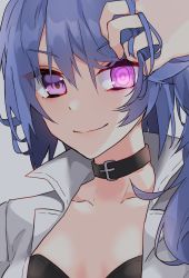 Rule 34 | 1girl, aogisa, bad id, bad pixiv id, bikini, black bikini, blue hair, breasts, collarbone, commentary request, eyes visible through hair, girls&#039; frontline, glowing, glowing eye, grey background, hair between eyes, hand in own hair, highres, k11 (girls&#039; frontline), leather choker, long hair, looking at viewer, messy hair, open clothes, portrait, purple eyes, shirt, side ponytail, simple background, smile, solo, swimsuit, white shirt