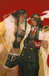 Rule 34 | arm over shoulder, artist name, bara, belt, black hair, black pants, black vest, buttons, cigar, coat, coffee mug, crop top, cup, dated, denim, denim shorts, double-breasted, emperor of mankind, fur collar, fur trim, ginias, glasses, hand on own hip, highres, holding, holding cigar, jewelry, lab coat, laurel crown, leaning forward, long hair, male underwear, male underwear peek, mug, muscular, name tag, navel, necklace, necktie, open clothes, open coat, pants, red necktie, shorts, signature, smoke, smoke trail, underwear, vest, warhammer 40k, yellow eyes
