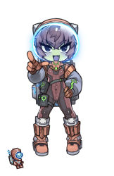 Rule 34 | 1girl, :d, alien, black bodysuit, bodysuit, boots, breasts, brown bodysuit, brown hair, colored skin, creature and personification, crossed bangs, detached sleeves, fang, full body, gloves, green skin, grey sleeves, hair between eyes, hand on own hip, helmet, knee boots, long sleeves, looking at viewer, martian officer, multicolored bodysuit, multicolored clothes, no nose, nyong nyong, open mouth, orange footwear, orange gloves, puffy long sleeves, puffy sleeves, reference inset, short hair, simple background, small breasts, smile, solo, space helmet, standing, terraria, thigh strap, tsurime, v-shaped eyebrows, white background