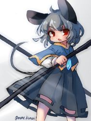 Rule 34 | 1girl, animal ears, blouse, blue capelet, blush, capelet, commentary request, dowsing rod, feet out of frame, grey hair, grey skirt, holding, long sleeves, looking at viewer, mame komari, mouse ears, mouse girl, mouse tail, nazrin, one-hour drawing challenge, open mouth, red eyes, shirt, short hair, skirt, solo, tail, touhou, v-shaped eyebrows, white shirt