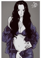 Rule 34 | 1girl, absurdres, artist name, black hair, breasts, cleavage, commentary, grey background, highres, jacket, large breasts, long hair, looking at viewer, navel, nico robin, one piece, pants, sherumaru (korcht06), signature, simple background, sketch, solo, standing