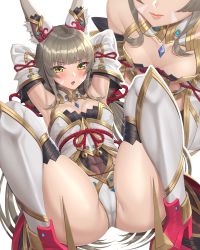 Rule 34 | 1girl, :o, absurdres, animal ears, blush, breasts, cameltoe, cleavage, closed mouth, covered navel, detached sleeves, grey hair, highres, lips, long hair, long sleeves, looking at viewer, medium breasts, multiple views, nemunemu semi, nia (blade) (xenoblade), nia (xenoblade), open mouth, simple background, thighhighs, thighs, white background, white thighhighs, xenoblade chronicles (series), xenoblade chronicles 2, yellow eyes