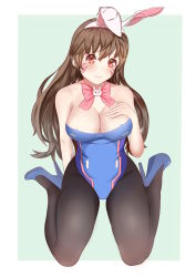 Rule 34 | 1girl, absurdres, adapted costume, animal ears, black pantyhose, blue footwear, blue leotard, blush, bow, bowtie, breasts, brown eyes, brown hair, cleavage, closed mouth, d.va (overwatch), facepaint, facial mark, fake animal ears, full body, green background, hairband, head tilt, high heels, highres, leotard, lips, long hair, looking at viewer, medium breasts, overwatch, overwatch 1, pantyhose, pink bow, pink bowtie, playboy bunny, rabbit ears, shoes, simple background, sitting, smile, solo, strapless, strapless leotard, wariza, whisker markings, white hairband
