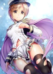 Rule 34 | 1girl, aiba yumi, black thighhighs, blonde hair, breasts, brown eyes, cape, closed mouth, hat, idolmaster, idolmaster cinderella girls, jacket, long sleeves, ment, midriff, miniskirt, navel, peaked cap, pleated skirt, purple cape, short hair, skirt, small breasts, smile, solo, stomach, thighhighs, torn clothes, torn jacket, torn skirt, torn thighhighs, white hat, white jacket, white skirt, zettai ryouiki