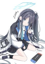 Rule 34 | 1girl, :o, aqua necktie, aris (blue archive), bare legs, black hair, black hairband, black skirt, black socks, blue archive, blue eyes, blue halo, blush, bow, hair between eyes, hair bow, hairband, halo, highres, jacket, long hair, looking at viewer, multicolored clothes, multicolored jacket, necktie, nintendo switch, on floor, open clothes, open jacket, open mouth, pleated skirt, shirt, shiwa (siwaa0419), shoes, side ponytail, skirt, socks, solo, tagme, v, white background, white shirt