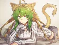 Rule 34 | 1girl, ahoge, alternate costume, animal ears, ass, atalanta (fate), blonde hair, breasts, cat ears, cat tail, closed mouth, cutoffs, denim, denim shorts, dyed bangs, fate/apocrypha, fate (series), green eyes, green hair, half updo, long hair, looking at viewer, lying, medium breasts, melon22, multicolored hair, on stomach, ribbed sweater, short shorts, shorts, sleeves past wrists, solo, sweater, tail, the pose, turtleneck, turtleneck sweater, two-tone hair