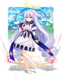 Rule 34 | 1girl, absurdly long hair, bad id, bad pixiv id, barefoot, blurry, blurry background, breasts, dress, drill hair, full body, grey hair, hair wings, halo, long hair, looking at viewer, nyori, original, outdoors, puffy short sleeves, puffy sleeves, purple eyes, short sleeves, small breasts, solo, standing, very long hair, white dress