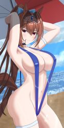 Rule 34 | 1girl, absurdres, alternate costume, alternate hairstyle, animal ears, arm strap, arms behind head, bad id, bad pixiv id, beach, beach umbrella, blue bow, blue one-piece swimsuit, blue sky, blue slingshot swimsuit, blush, bow, breasts, brown hair, choker, cleavage, cloud, collarbone, daiwa scarlet (umamusume), day, groin, hair bow, hair in own mouth, highres, horse ears, horse girl, horse tail, large breasts, long hair, looking at viewer, navel, ocean, one-piece swimsuit, outdoors, ponytail, red eyes, revision, sky, slingshot swimsuit, smile, solo, suzhi2333, swimsuit, tail, thigh strap, tiara, umamusume, umbrella, very long hair