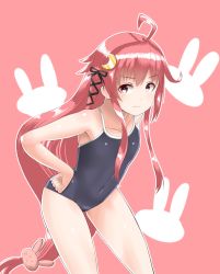 Rule 34 | 1girl, 30-06, :3, ahoge, bad id, bad pixiv id, black ribbon, black one-piece swimsuit, rabbit hair ornament, competition school swimsuit, cowboy shot, crescent, crescent hair ornament, flat chest, hair ornament, hair ribbon, highres, kantai collection, leaning forward, long hair, looking at viewer, low-tied long hair, one-piece swimsuit, pink background, red eyes, red hair, ribbon, school swimsuit, smile, solo, standing, swimsuit, uzuki (kancolle)