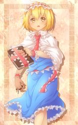 Rule 34 | 1girl, alice margatroid, blonde hair, book, border, capelet, dress, gradient background, hairband, hiro32-the-bbc, jewelry, lolita hairband, looking at viewer, open mouth, puppet rings, ribbon, ring, sash, shadow, short hair, solo, touhou, wrist cuffs, yellow eyes