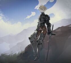 Rule 34 | 1boy, ahoge, armor, blonde hair, cloud, final fantasy, final fantasy tactics, full body, gauntlets, highres, holding, holding weapon, ramza beoulve, riio, rock, shoulder armor, sitting, sitting on rock, sky, solo, sword, weapon