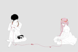 Rule 34 | 1boy, 1girl, barefoot, black hair, blue eyes, book, closed eyes, cup, dress, feet, flower, flower necklace, full body, grey background, head wreath, headphones, hime cut, jewelry, just be friends (vocaloid), long hair, megurine luka, monochrome, necklace, pink hair, ring, short hair, simple background, sitting, spot color, string, string of fate, vocaloid, yunomi, yunomi (yunomi imonuy)