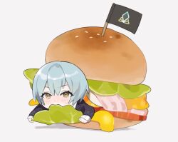 Rule 34 | 1girl, angela (project moon), bacon, blue coat, blue hair, blush, burger, cheese, coat, food, frilled sleeves, frills, highres, in food, lettuce, library of ruina, long sleeves, looking at viewer, mini flag, mini person, minigirl, mu46016419, project moon, short hair, solo, sweat, yellow eyes