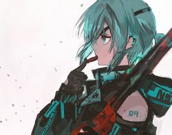Rule 34 | 1girl, alternate hairstyle, aqua eyes, aqua hair, bare shoulders, black gloves, dotori (seulseul), earclip, eating, eyepatch, food, from side, gloves, gun, hatsune miku, highres, hood, hood down, long sleeves, looking afar, looking away, mouth hold, ponytail, profile, pushing, rifle, scar, scar on face, scar on nose, sidelocks, skull and crossbones, sniper rifle, solo, unzipped, upper body, vocaloid, weapon, white background