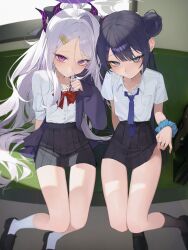 2girls absurdres black_hair black_halo black_skirt blue_archive demon_girl demon_horns double_bun grey_halo hair_bun halo highres hina_(blue_archive) horns indoors kisaki_(blue_archive) long_hair may.l multiple_girls purple_eyes school_uniform sitting skirt sunlight white_hair