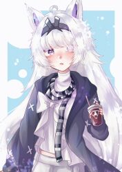 Rule 34 | ahoge, alternate costume, animal ears, black coat, black hairband, coat, cross-shaped pupils, grey eyes, grey hair, grey scarf, hair intakes, hairband, high collar, highres, long hair, long sleeves, mechanical ears, mismatched pupils, misoso 25, no.21: feral scent (punishing: gray raven), no.21 (punishing: gray raven), parted lips, punishing: gray raven, ribbon, scarf, shirt, sidelocks, striped clothes, striped scarf, symbol-shaped pupils, very long hair, white ribbon, white shirt, wolf ears