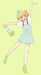 Rule 34 | 1boy, 1girl, :&gt;, :d, absurdres, apron, arm up, blonde hair, blush, character hair ornament, chef hat, closed mouth, crossover, daiba nana, frog, frog hair ornament, full body, green background, green eyes, green footwear, green ribbon, grey apron, grey headwear, grey socks, hair ornament, hair ribbon, hand up, hasunoue keroppi, hat, highres, kero kero keroppi, looking at viewer, matching outfits, mini hat, open mouth, outstretched arms, pix3dayo, pocket, ribbon, sanrio, shirt, shoes, short hair, short sleeves, short twintails, shoujo kageki revue starlight, simple background, smile, socks, standing, standing on one leg, tilted headwear, toque blanche, twintails, white shirt