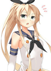 Rule 34 | 10s, 1girl, alternate hairstyle, bad id, bad pixiv id, blonde hair, chestnut mouth, crop top, elbow gloves, gloves, grey eyes, hairband, kankitsunabe (citrus), kantai collection, long hair, navel, open mouth, ponytail, shimakaze (kancolle), solo, white gloves